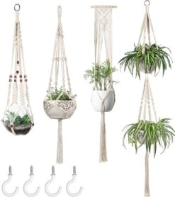 4 Stuks Plantenhangers - Boho Handgeweven Katoen Hangpot Voor Binnen/Buiten - Bloempot Met Kralen - Macramé Touw/Koord Hangplant Houder - Bohemian Wandhanger Decoratie - Verticale Tuin Plant Hanger Bloempothouder Planthanger Wit -Tuin Kweekbenodigdheden 1068x1200