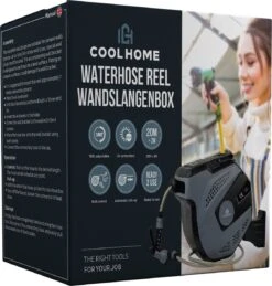 CoolHome - Wandslangenbox 20 Meter + 2 Meter - Tuinslang Met Haspel- Slangenhouder 180° Draaibaar - Tuinslanghaspel Zwart - Grijs -Tuin Kweekbenodigdheden 1146x1200