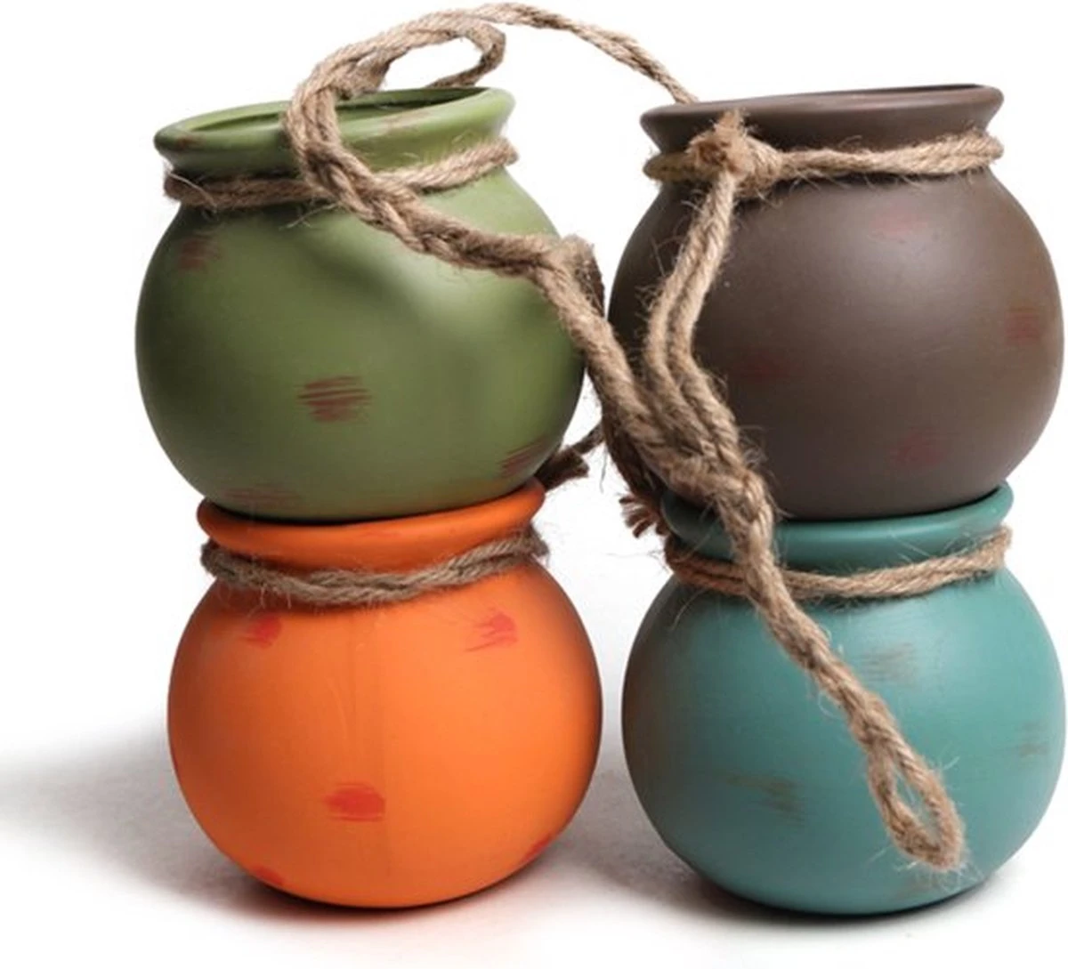 Plantenhangers - 4 Bloempotjes Aan Een Touw - Hangpotten Voor Binnen En Buiten - Hangpot Schutting - 4 Kleuren Incl. Touw 3 Plantenhangers - 4 Bloempotjes Aan Een Touw - Hangpotten Voor Binnen En Buiten - Hangpot Schutting - 4 Kleuren Incl. Touw