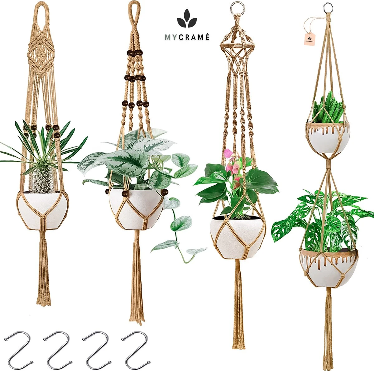4 Stuks Luxe Jute Plantenhangers - Boho Handgeweven Katoen Hangpot Voor Binnen/Buiten - Hangende Bloempot Met Kralen - Macramé Touw/Koord Hangplant Houder - Bohemian Wandhanger Decoratie - Plant Hanger - Verticale Tuin Bloempothouder Planthanger 3 4 Stuks Luxe Jute Plantenhangers - Boho Handgeweven Katoen Hangpot Voor Binnen/Buiten - Hangende Bloempot Met Kralen - Macramé Touw/Koord Hangplant Houder - Bohemian Wandhanger Decoratie - Plant Hanger - Verticale Tuin Bloempothouder Planthanger