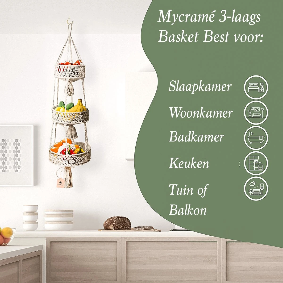 Macramé 3-Laags Hangende Fruitmand - Bohemian Mand Plantenhanger - Handgemaakt Katoen Touw Fruitschaal Hangmand - Boho Ophangbaar Etagere - Decoratieve Fruit Schaal/Basket - Opbergmand Organizer - Keuken/Balkon Decoratie - Hangpot Voor Binnen/Buiten 4 Macramé 3-Laags Hangende Fruitmand - Bohemian Mand Plantenhanger - Handgemaakt Katoen Touw Fruitschaal Hangmand - Boho Ophangbaar Etagere - Decoratieve Fruit Schaal/Basket - Opbergmand Organizer - Keuken/Balkon Decoratie - Hangpot Voor Binnen/Buiten - Afbeelding 2