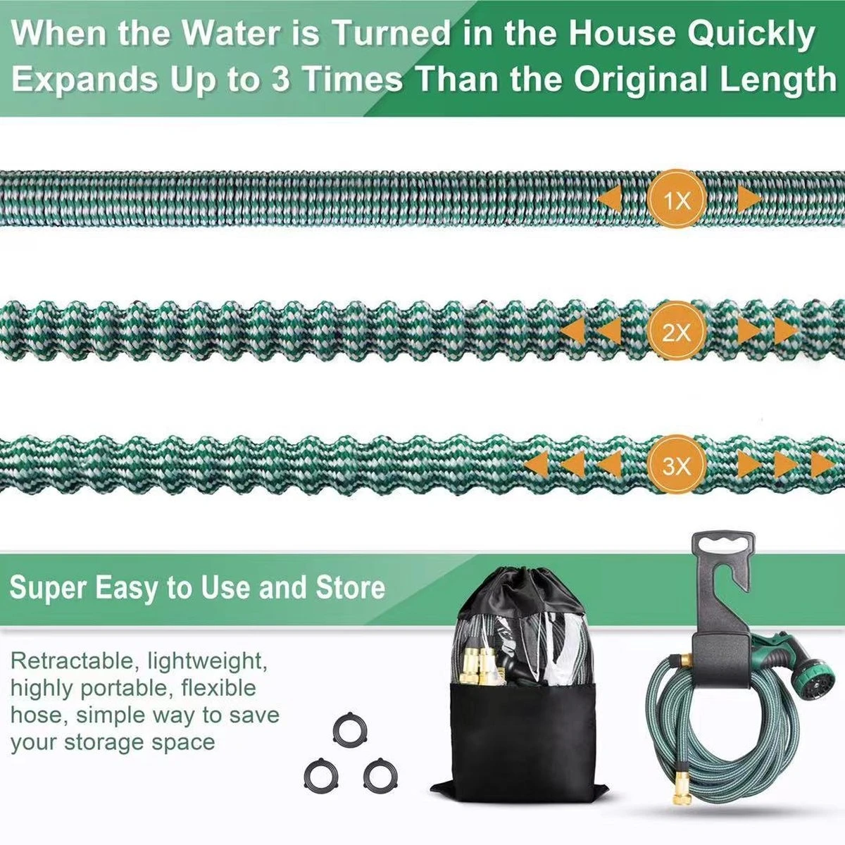 IBright Extra Sterke Uitrekbare Tuinslang - Flexibel - 15 Meter - Inclusief Opbergtas ,Sproeier ,Koppelstuk En Ophanghaak - Groen 5 IBright Extra Sterke Uitrekbare Tuinslang - Flexibel - 15 Meter - Inclusief Opbergtas ,Sproeier ,Koppelstuk En Ophanghaak - Groen - Afbeelding 3