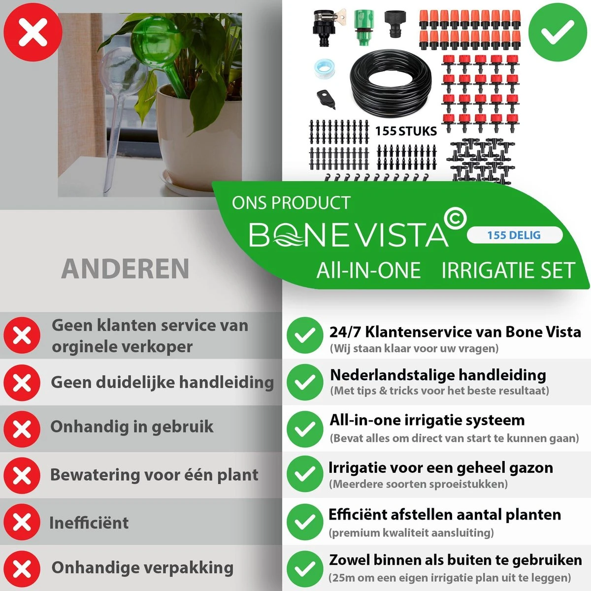 Bone Vista® 155 Stuks Water Druppelslang Irrigatiesysteem Tuin – Bewateringssysteem & Druppelsysteem 5 Bone Vista® 155 Stuks Water Druppelslang Irrigatiesysteem Tuin – Bewateringssysteem & Druppelsysteem - Afbeelding 3