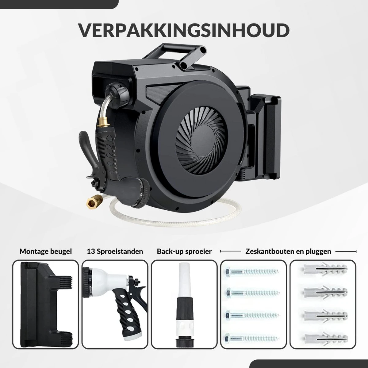 Buxibo - Wandslangenbox 20 Meter + 2 Meter - Tuinslang Met Haspel - 9 Sproei Standen - Slangenhouder 180° Draaibaar - Tuinslanghaspel Zwart+ Gratis Sproeier - Zwart 7 Buxibo - Wandslangenbox 20 Meter + 2 Meter - Tuinslang Met Haspel - 9 Sproei Standen - Slangenhouder 180° Draaibaar - Tuinslanghaspel Zwart+ Gratis Sproeier - Zwart - Afbeelding 5