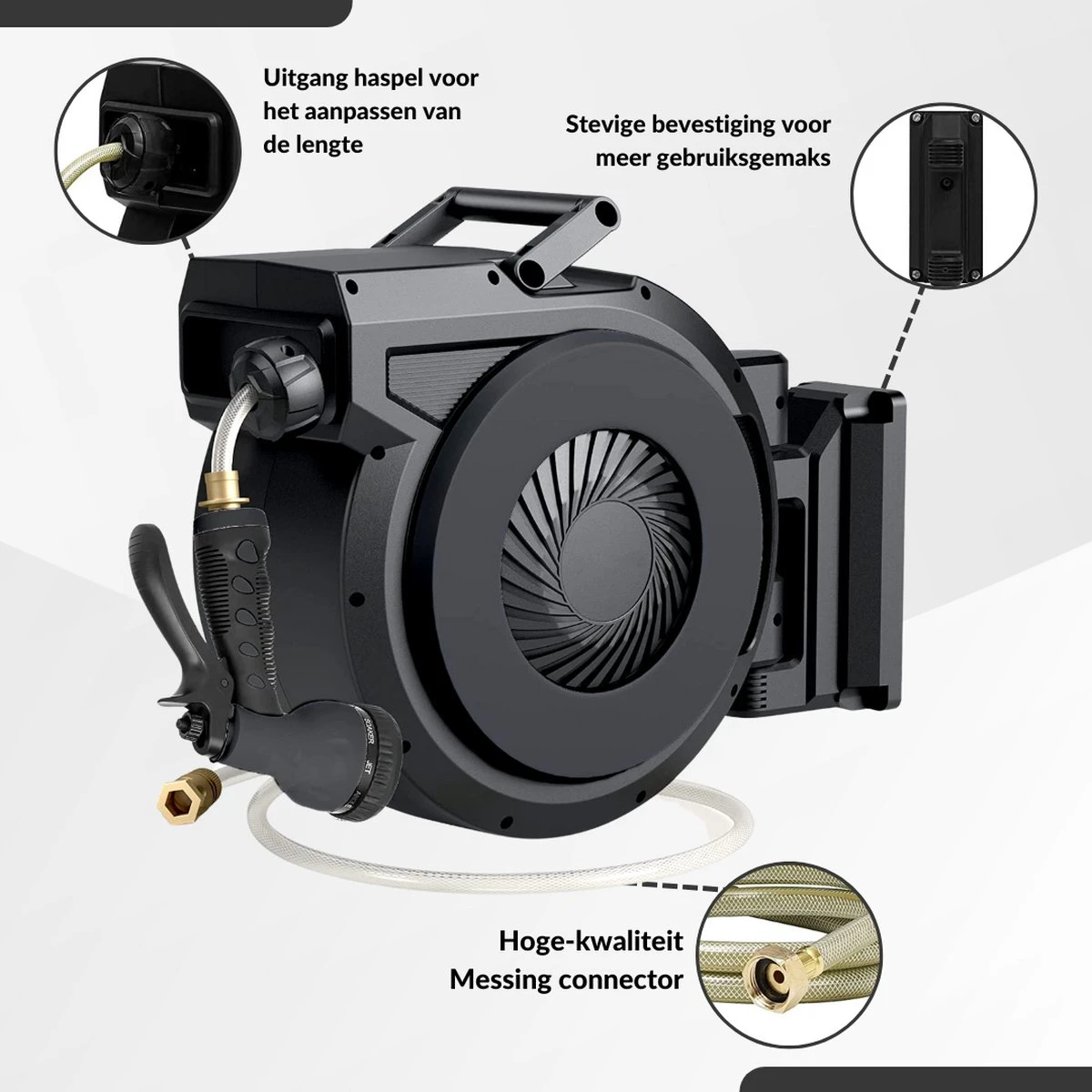 Buxibo - Wandslangenbox 20 Meter + 2 Meter - Tuinslang Met Haspel - 9 Sproei Standen - Slangenhouder 180° Draaibaar - Tuinslanghaspel Zwart+ Gratis Sproeier - Zwart 14 Buxibo - Wandslangenbox 20 Meter + 2 Meter - Tuinslang Met Haspel - 9 Sproei Standen - Slangenhouder 180° Draaibaar - Tuinslanghaspel Zwart+ Gratis Sproeier - Zwart - Afbeelding 12