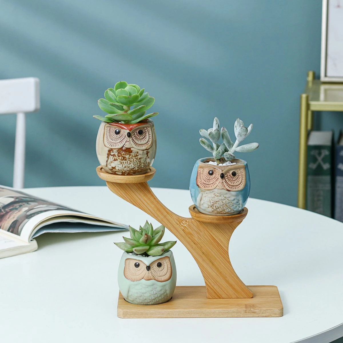 Luxe Bamboe Houten Boom Met 3 Keramiek Uil Bloempotten/Plantenpotten Op Standaard/Voet Voor Binnen En Buiten - Modern Design Bloempot/Plantenpot Op Poten/Pootjes-Plantenbak Mini Cactus Nep Plant Pot Houder - Kleine Bloembakken Plantenrek/Plantenkurk 4 Luxe Bamboe Houten Boom Met 3 Keramiek Uil Bloempotten/Plantenpotten Op Standaard/Voet Voor Binnen En Buiten - Modern Design Bloempot/Plantenpot Op Poten/Pootjes-Plantenbak Mini Cactus Nep Plant Pot Houder - Kleine Bloembakken Plantenrek/Plantenkurk - Afbeelding 2