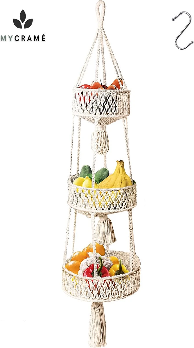 Macramé 3-Laags Hangende Fruitmand - Bohemian Mand Plantenhanger - Handgemaakt Katoen Touw Fruitschaal Hangmand - Boho Ophangbaar Etagere - Decoratieve Fruit Schaal/Basket - Opbergmand Organizer - Keuken/Balkon Decoratie - Hangpot Voor Binnen/Buiten 3 Macramé 3-Laags Hangende Fruitmand - Bohemian Mand Plantenhanger - Handgemaakt Katoen Touw Fruitschaal Hangmand - Boho Ophangbaar Etagere - Decoratieve Fruit Schaal/Basket - Opbergmand Organizer - Keuken/Balkon Decoratie - Hangpot Voor Binnen/Buiten
