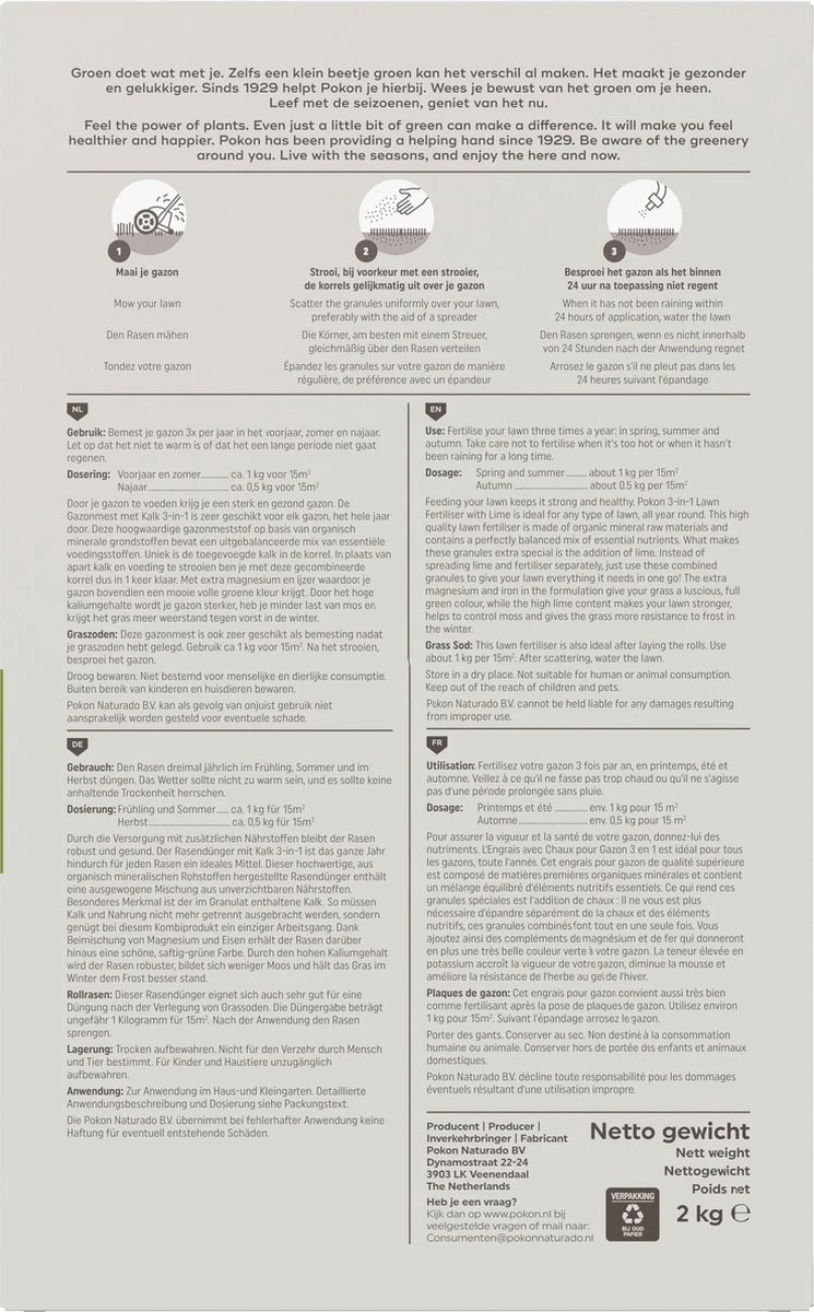 Pokon Gazonmest Met Kalk - 2kg - Mest - Geschikt Voor 30m² - 120 Dagen Voeding 8 Pokon Gazonmest Met Kalk - 2kg - Mest - Geschikt Voor 30m² - 120 Dagen Voeding - Afbeelding 6