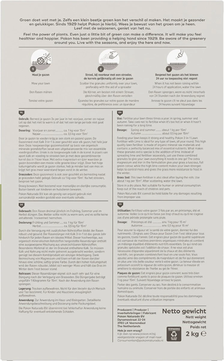 Pokon Gazonmest Met Kalk - 2kg - Mest - Geschikt Voor 30m² - 120 Dagen Voeding 9 Pokon Gazonmest Met Kalk - 2kg - Mest - Geschikt Voor 30m² - 120 Dagen Voeding - Afbeelding 7