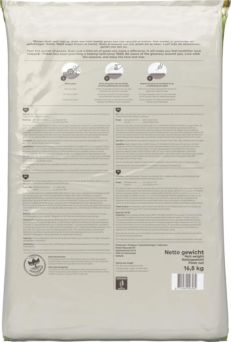 Pokon Gazonmest Met Kalk - 16,8kg - Mest - Geschikt Voor 250m² - 120 Dagen Voeding 8 Pokon Gazonmest Met Kalk - 16,8kg - Mest - Geschikt Voor 250m² - 120 Dagen Voeding - Afbeelding 6