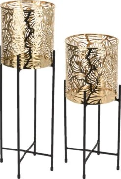 Set Van 2x Stuks Plantenpotten Goud Op Metalen Standaard 35 Cm En 45 Cm Hoogte