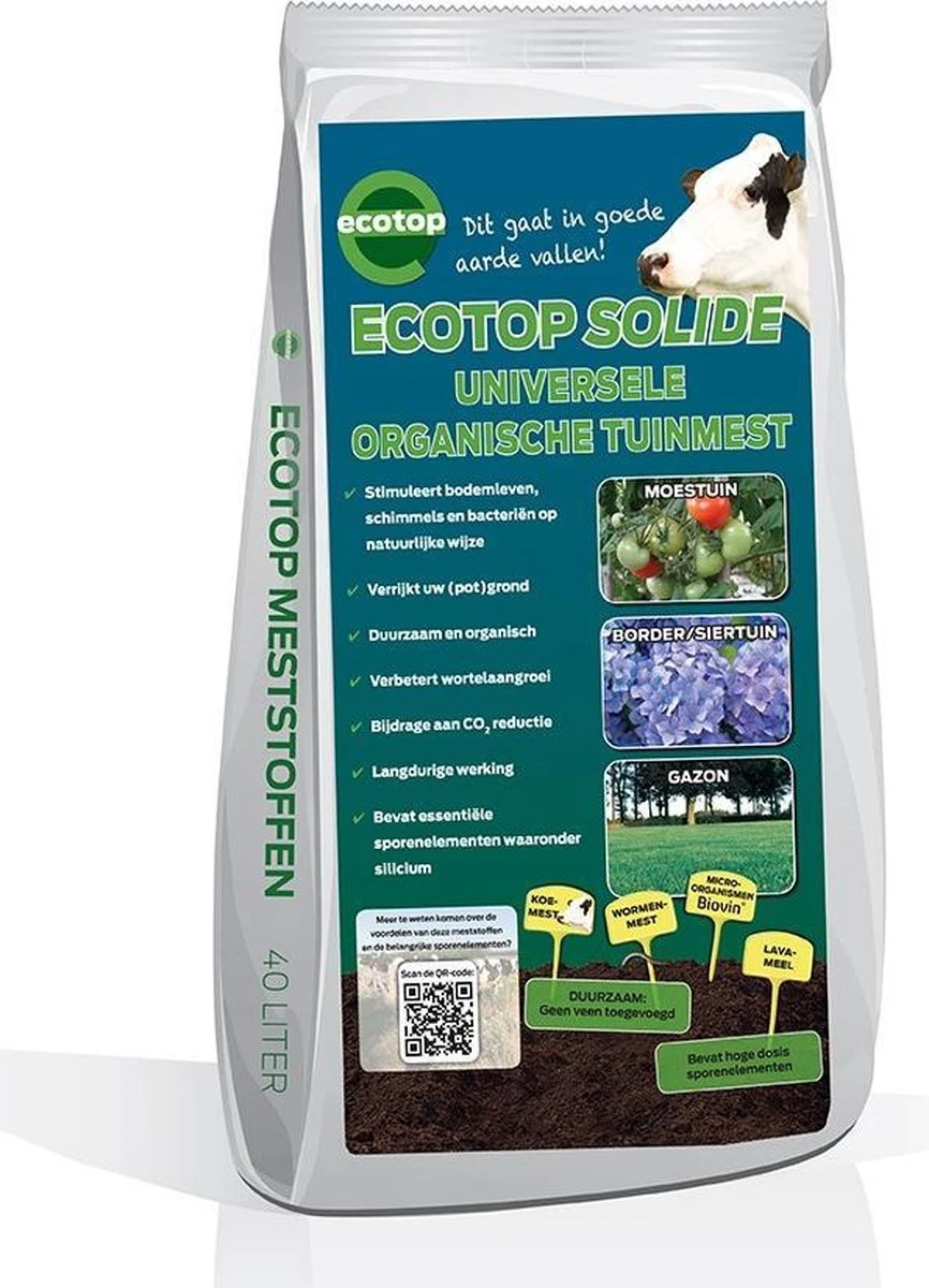 Ecotop Solide (Organisch / Tuinmest / Universeel). Meststof Op Basis Van Koemest Met Natuurlijke Toevoeging Van Wormenmest, Lavameel En Micro-organismen. Zak Ca. 40L. 3 Ecotop Solide (Organisch / Tuinmest / Universeel). Meststof Op Basis Van Koemest Met Natuurlijke Toevoeging Van Wormenmest, Lavameel En Micro-organismen. Zak Ca. 40L.